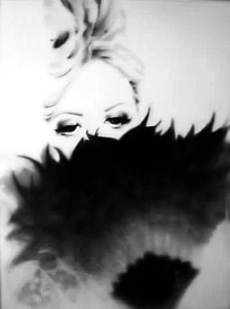 Romantic charcoal drawing of woman with fan